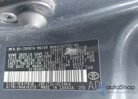 2016 Toyota Corolla Le из США, поврежденный, VIN 2T1BURHE7GC651689